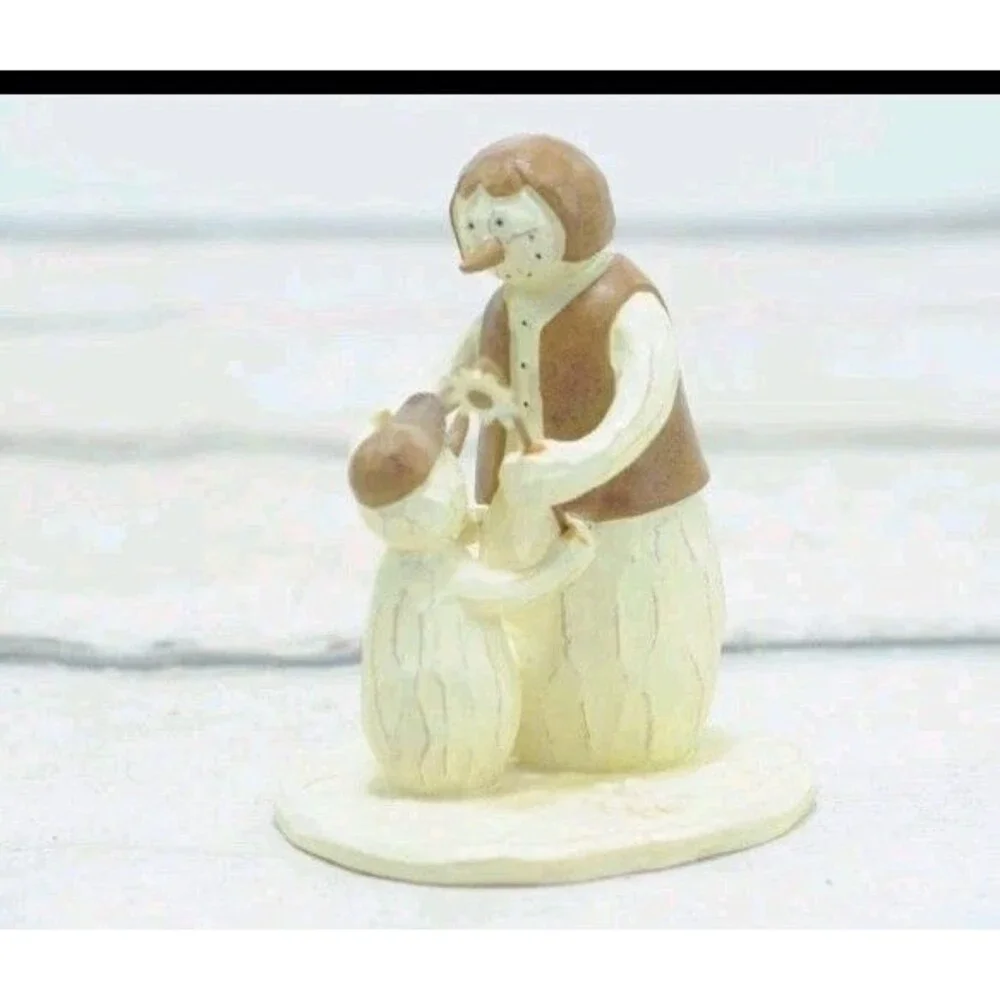 Snowman, Snowwoman and Child Figurine Winter, Holiday, Christmas Decor Carved